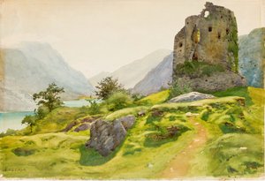 Berglandschap met ruïne door Albert Nikolaevich Benois