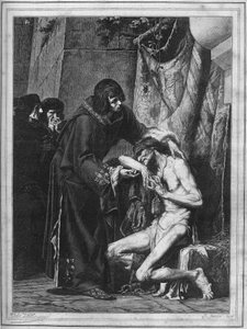 Lodewijk IX troost een melaatse: de koning van Frankrijk Saint Louis en een zieke tijdens een uitbraak van lepra. Gravure uit 1878 naar het schilderij van Albert Maignan