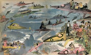 Anticipatie: de release van de Parijse Opera in 2000, gezien door de ontwerper Albert Robida in 1900. Parijzenaars circuleren door allerlei luchtvoertuigen.