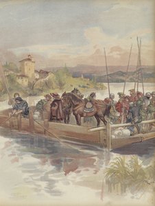 Bourbon, op de vlucht, wordt bijna herkend door soldaten bij het oversteken van een veerboot door Albert Robida