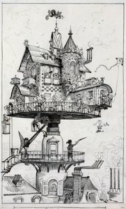 Tekening toont een woonstructuur verhoogd boven daken en ontworpen om te draaien en in verschillende richtingen aan te passen, tekening door Albert Robida c. 1883 door Albert Robida
