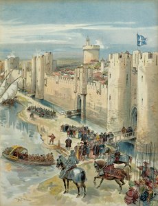 Achtste Italiaanse Oorlog (1536-1538): ontmoeting van Aigues Mortes (of wapenstilstand van Aigues Mortes) op 14 juli 1538, ontmoeting tussen Frans I (1494-1547), koning van Frankrijk en Karel V (1500-1558), koning van Spanje en keizer van het Heilige Rooms door Albert Robida