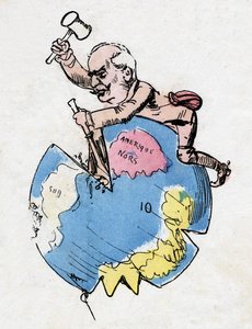 Ferdinand de Lesseps (1805-1894), Franse diplomaat en bestuurder, beeldhouwer en decorateur van continenten. Karikatuur van Robida. door Albert Robida