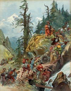 Vijfde Italiaanse Oorlog (1515-1516): de oversteek van de Alpen in augustus 1515, via de Larche-pas, van het leger van Frans I (1494-1547), op weg naar Italië. Illustratie