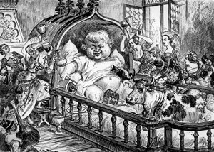 Grandes et inestimables chroniques du grand et enorme geant Gargantua anoniem werk dat Francois Rabelais inspireerde voor "Pantagruel" in 1532, gravure door Albert Robida: hier Gargantua als baby door Albert Robida