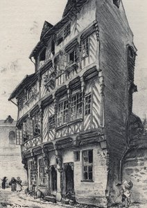 Huis rue Saint Guillaume in Rennes - Oud Frankrijk - Bretagne - tekst, tekeningen en lithografieën, door Albert Robida (1848-1926) ongedateerd eind 19e eeuw door Albert Robida