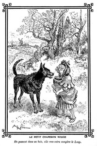 Roodkapje, met haar cake en boterpot, ontmoet de Wolf. Tekening door Albert Robida in een kinderleesboek 1920-1930 door Albert Robida