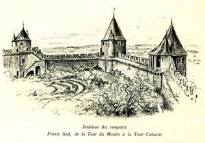 Middeleeuwse stad Carcassonne (Aude, Languedoc, Pays Cathare) - Interieur van de vestingmuren, zuidpunt, van de toren van de Molen tot de toren Cahuzac - locatie van het openluchttheater - romantische gravure door Albert Robida (1848-1926) in een boek gepu