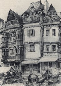 Place du marché in Lannion - La vieille France - La Bretagne - tekst, tekeningen en lithografieën, door Albert Robida (1848-1926) ongedateerd eind 19e eeuw