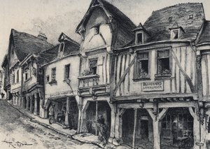 Rue Poterie in Fougeres in het departement Ille-et-Vilaine - La vieille France - La Bretagne - tekst, tekeningen en lithografieën, door Albert Robida (1848-1926)