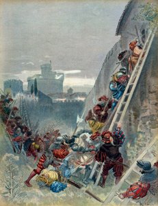 Zevende Italiaanse Oorlog (1526-1529): Dood van Karel III van Bourbon (1490-1527) tijdens het beleg van Rome op 6 mei 1527 door Albert Robida