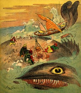 Sindbad de zeeman - verhaal van de duizend-en-een-nachten - boek uit 1948 die zijn avonturen vertelt (Fortin editie, collectie Wonderlijke Beelden van de Kindertijd) - illustratie door Albert Robida (1848 - 1926): Sindbad en zijn metgezellen zijn mislukt door Albert Robida
