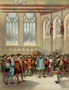 De Bourgondische heraut, gestuurd door Karel V (1500-1558), werd ontvangen door Francois I (1494-1547) in de grote zaal van het Parlement in Parijs, eerste helft van de 16e eeuw door Albert Robida