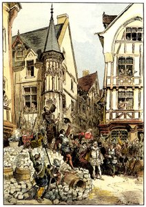 De Hertog van Guise toegejuicht door de menigte en soldaten van het Gardes Francaises regiment in Parijs op Barricadedag door Albert Robida