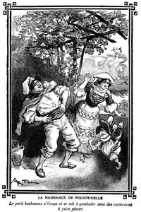 De geboorte van Polichinelle. Tekening door Albert Robida in een kinderleesboek 1920-1930