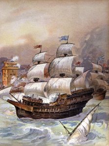 De vloot van Jean Ango blokkeert de Taag en bedreigt Lissabon, ca. 1909 door Albert Robida