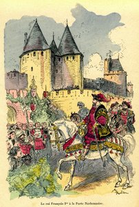 De koning van Frankrijk Francois I arriveert te paard voor de Cite de Carcassonne, Porte Narbonnaise