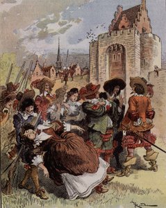 De verlegenheid van Kapitein Bellormeau - “Madame de Malicorne viel in de armen van een sergeant”. Personage uit het boek van Albert Robida. Omslag “De Kleine Fransman geïllustreerd” van 20/01/1900. door Albert Robida