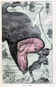 Vrouw in een duikpak wordt opgeslokt door een walvis, parodie op Jules Verne, 