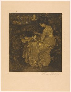 Vrouw die een kind in een wieg pap voert door Albert Roelofs (signed by artist)