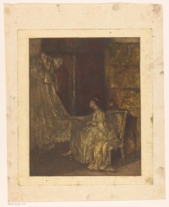 Vrouw die op een stoel naast een wieg zit door Albert Roelofs