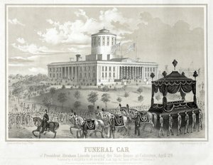 Begrafeniswagen van president Abraham Lincoln passeert het State House in Columbus, 29 april, uitgegeven 1865 (gravure)