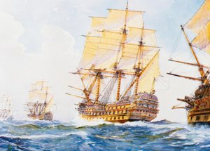 Schepen uit de 18e eeuw in enkele rij voor de wind aan stuurboordzijde door Albert Sébille