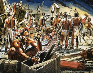 Cheyenne-indianen plunderen een goederentrein door Alberto Giolitti
