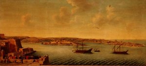 Uitzicht op Valetta met schepen van de Orde van de Ridders van Sint-Jan