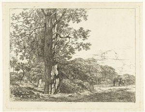 Landschap met grote beukeboom en ruiter in gesprek met man