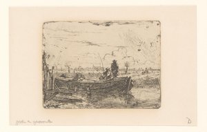 Polderlandschap met twee mannen op een boot door Albertus Brondgeest