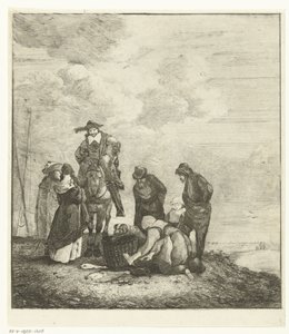 Visverkoopster met klanten bij het strand door Albertus Brondgeest