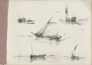 Studieblad met zeilschepen op het water door Albertus van Beest