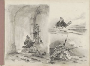 Studieblad, onder andere met een aangespoeld scheepswrak voor een kust