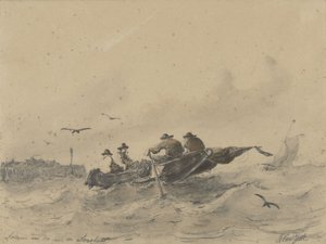 Vier mannen in een roeiboot door Albertus van Beest