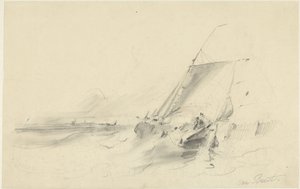 Zeegezicht met schuit in woelig water door Albertus van Beest