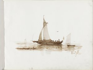 Zeilschip met figuren op het water door Albertus van Beest
