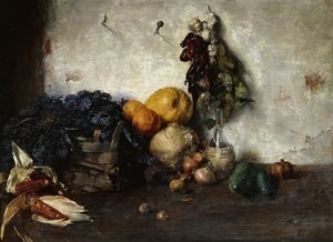Een stilleven van groenten bij een muur door Albin Egger Lienz