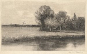 Een zonovergoten weide bij een rivier door Albion Bicknell