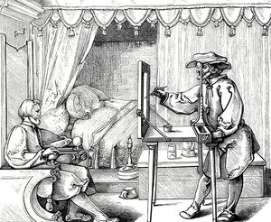 Houtsnede van een kunstenaar die een hulpmiddel gebruikt om de verhoudingen van een portret correct te krijgen. Gravure door Albrecht Dürer door Albrecht (after) Durer or Duerer