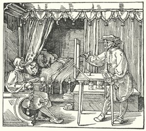 Methode om een schaalbeeld te maken door de omtrekken van het object op een glasplaat te markeren door Albrecht (after) Durer or Duerer