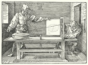 Het gebruik van snaren om een perspectiefbeeld van een luit te construeren door Albrecht (after) Durer or Duerer