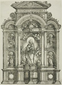 Altaarstuk met de mooie maagd van Regensburg en de heiligen Christophorus, Maria Magdalena, Florianus en Catharina staand in nissen, met God de Vader erboven door Albrecht Altdorfer