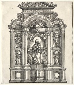 Groot altaar met de Maagd, in een rand met heiligen Christoffel, George, Barbara, Catharina