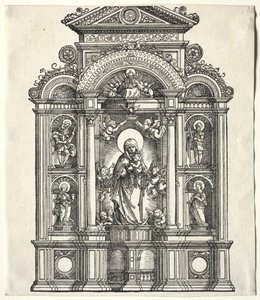 Groot altaar met de Maagd, in een rand met HH. Christoffel, George, Barbara, Catharina