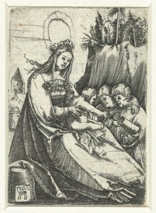 Maria met het Christuskind en twee jongetjes door Albrecht Altdorfer