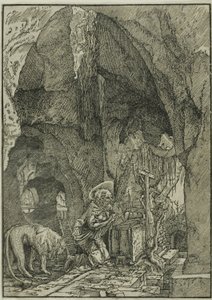 Hiëronymus in boetedoening, in een grot door Albrecht Altdorfer