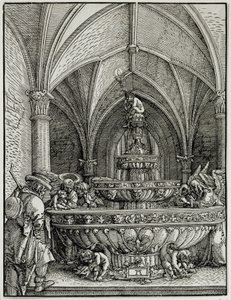 De Heilige Familie bij de fontein. Gravure door de Duitse Albrecht Altdorfer. Louvre Museum door Albrecht Altdorfer
