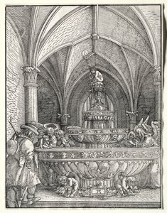 De Heilige Familie op de vlucht naar Egypte bij een fontein door Albrecht Altdorfer