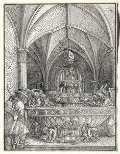 De Heilige Familie op de vlucht naar Egypte bij een fontein, ca. 1520 door Albrecht Altdorfer
